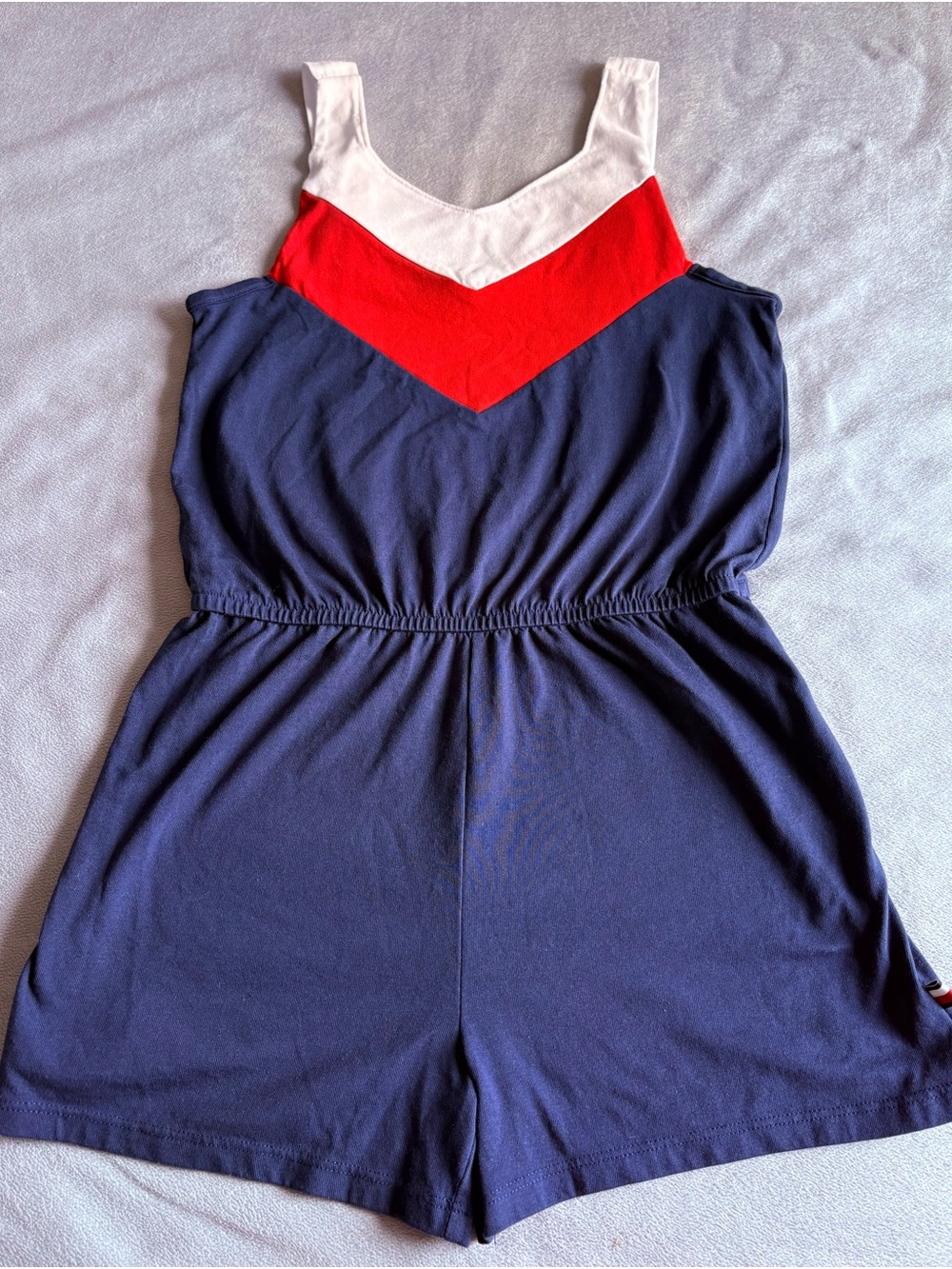 Tommy Hilfiger - Blue Romper with White & Red Chevron Accent